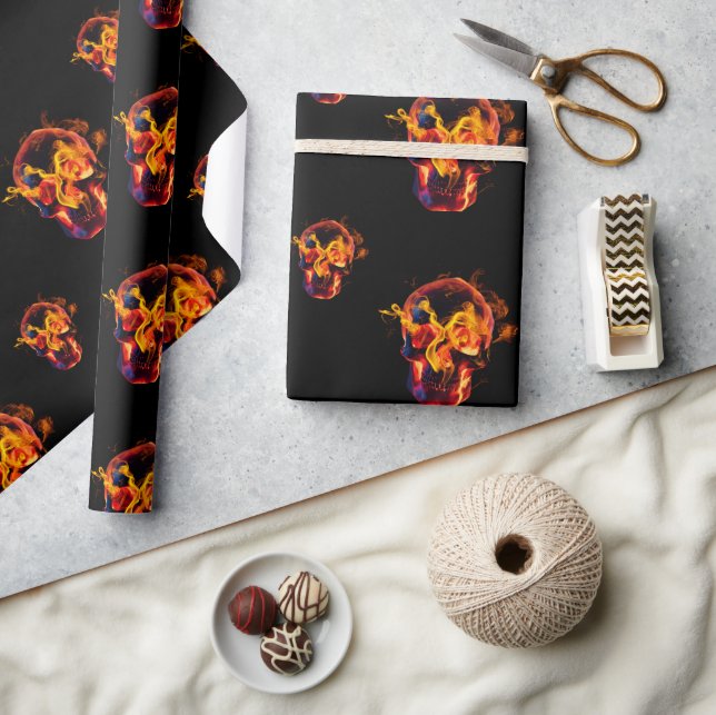 Papel De Regalo Skeleton Skeleton en llamas retro muerto (Artesanía)