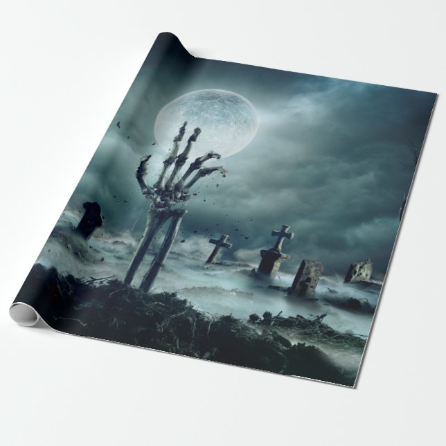 Papel De Regalo Skeleton Zombie Mano Levantándose De Un GraveYard  (Desenrollado)