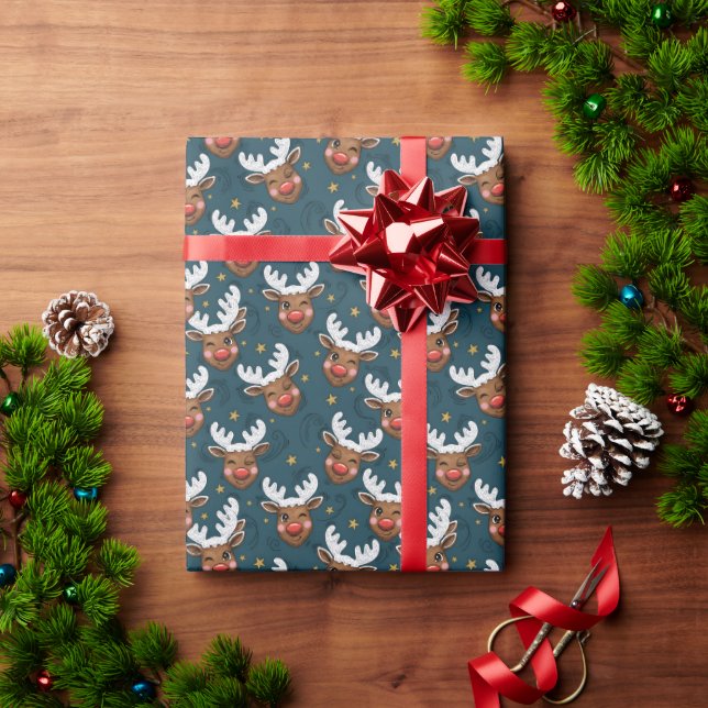 Papel De Regalo Sketchy Winking Reindeer Face Teal Pattern (Regalo de vacaciones)