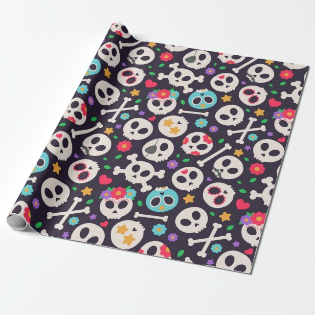 Papel De Regalo Skull set. Seamless pattern with flat design of sk (Desenrollado)
