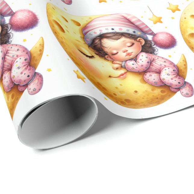 Papel De Regalo Sleeping With The Moon Baby Shower Newborn Girl (Esquina del rollo)