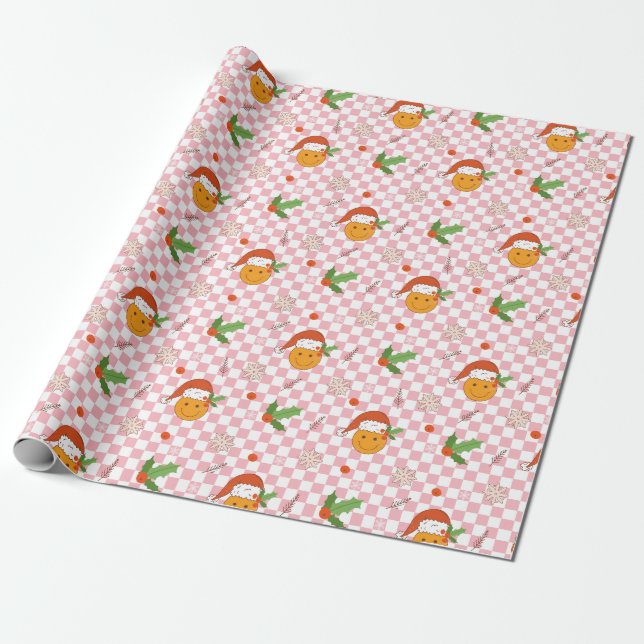 Papel De Regalo Smile Face Santa Hat Checker Navidades Regalo (Desenrollado)