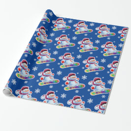 Papel De Regalo Snowboarding snowman brillante azul de medianoche.