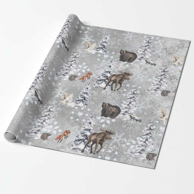 Papel De Regalo Snowflake árbol de Navidad Woodland Winter Moose (Desenrollado)