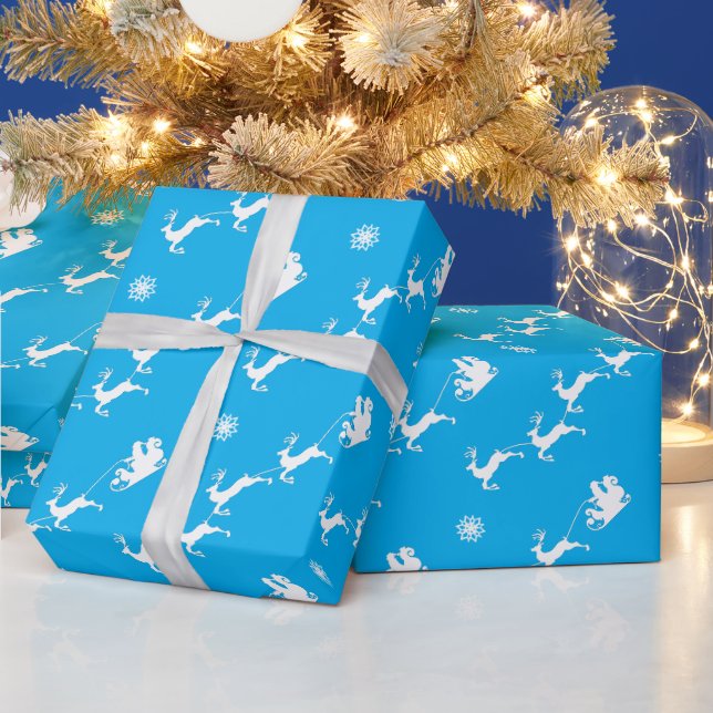 Papel De Regalo Snowflake y Santa con Sleigh en BLUE (Vacaciones)