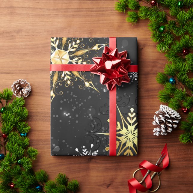 Papel De Regalo Snowflakes Gold Black Xmas Navidades Regalo (Regalo de vacaciones)