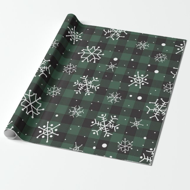 Papel De Regalo Snowflakes Green Black Buffalo Plantado (Desenrollado)
