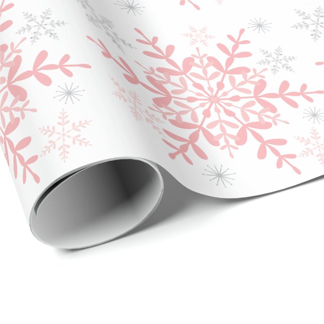 Papel De Regalo Snowflakes Pink Silver Baby Shower (Esquina del rollo)
