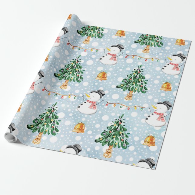 Papel De Regalo Snowman Con Árbol De Pelo En Patrón De Acuarela (Desenrollado)
