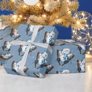 Papel De Regalo Snowman Esquiando En Copos De Nieve