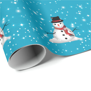 Papel De Regalo Snowman sonriente y caprichoso con rojo en BLUE