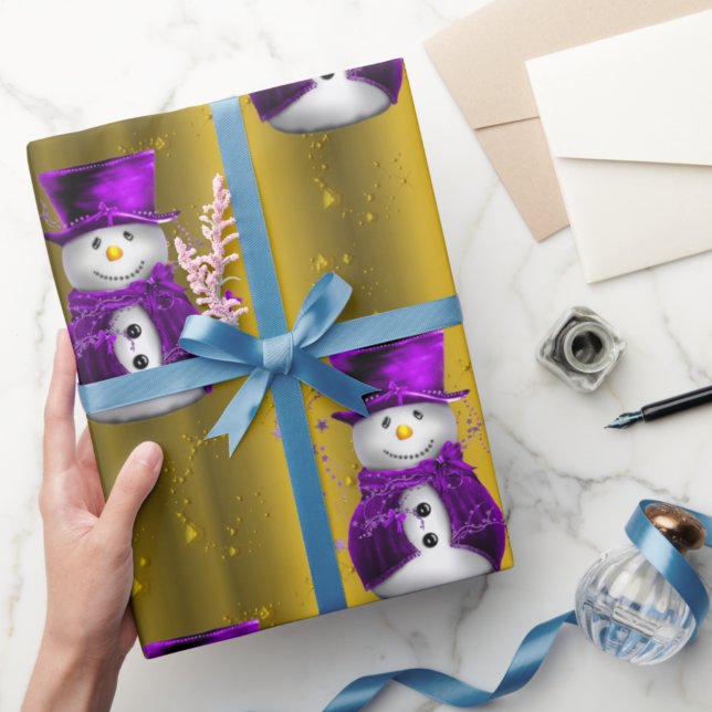 Papel De Regalo Snowmen morado sobre Navidades de oro (Subido por el creador)
