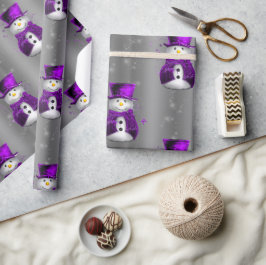 Papel De Regalo Snowmen morado sobre Navidades de plata oscura