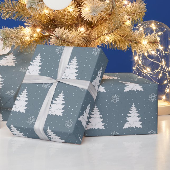 Papel De Regalo Sofisticado patrón de Árboles de Navidad azules y  (Vacaciones)