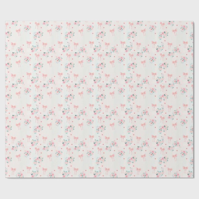 Papel De Regalo Soft Pink Floral & Bow Pattern – Cute Romantic  (Superficie plana)