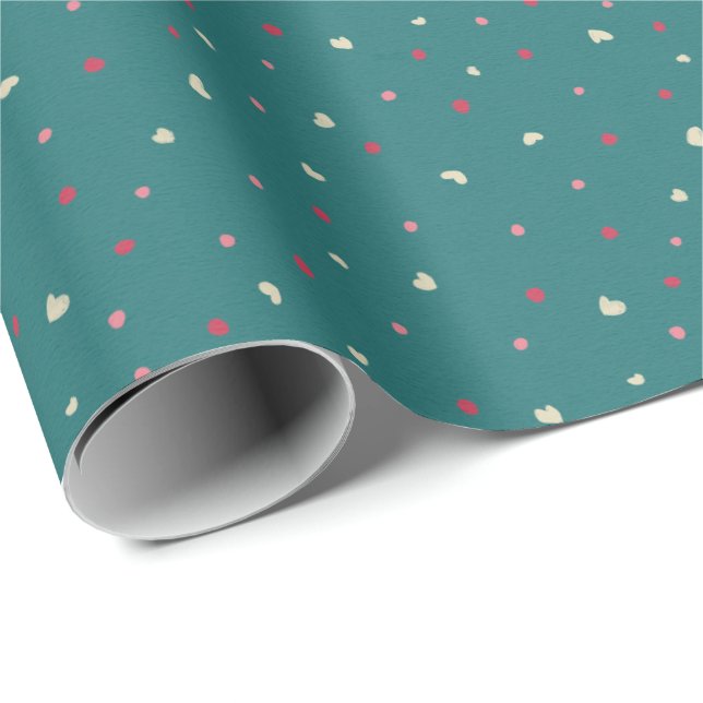 Papel De Regalo Soft Red & Green Polka Dots with Golden Hearts (Esquina del rollo)