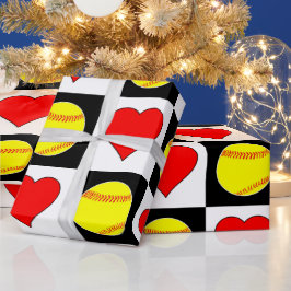 Papel De Regalo Softball y Heart Cute Checker Patrón Fastpitch