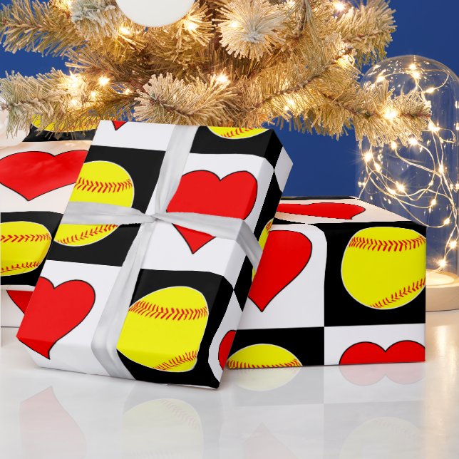 Papel De Regalo Softball y Heart Cute Checker Patrón Fastpitch (Vacaciones)