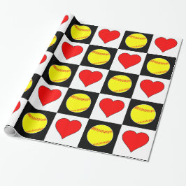 Papel De Regalo Softball y Heart Cute Checker Patrón Fastpitch