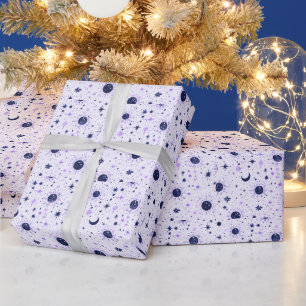 Papel De Regalo Sol Luna y Estrellas Celestiales Negras y Moradas