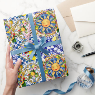 Papel De Regalo Sol siciliano, limón, azulejos mediterráneos,
