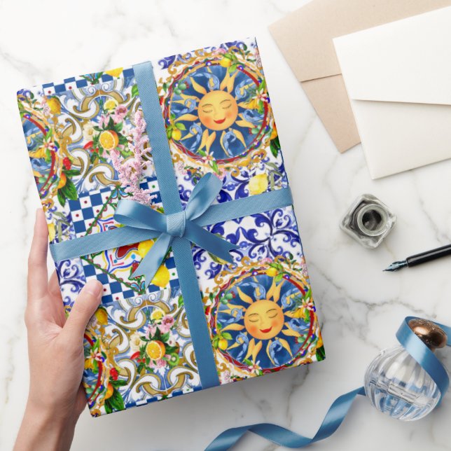Papel De Regalo Sol siciliano, limón, azulejos mediterráneos, (Regalar)