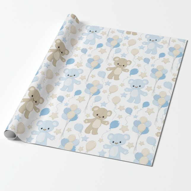 PAPEL DE REGALO SOMBRAS DE OSOS Y BALONES DE TEDÍA AZULES Y TÁN (Desenrollado)