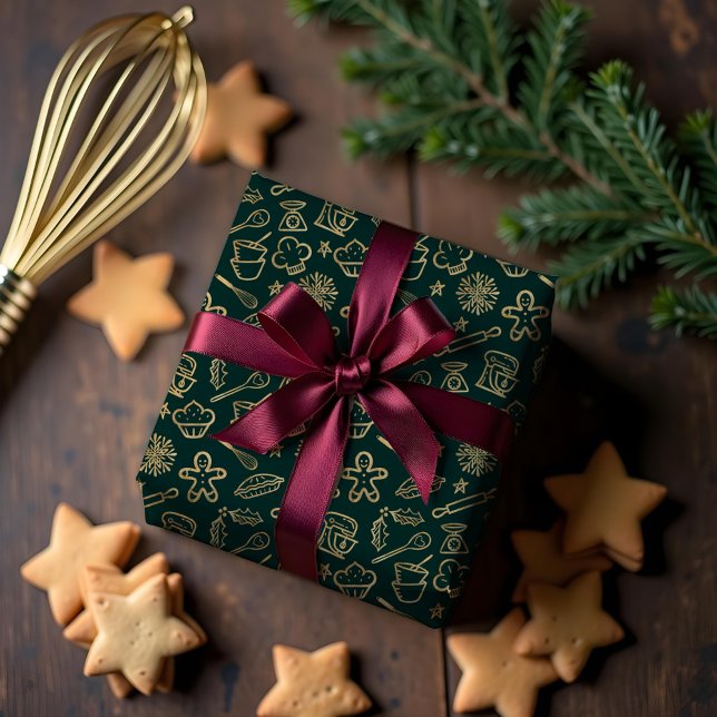 Papel De Regalo Sombreado patrón de horneado de oro y Navidades ve (Shimmering Gold & Green Christmas Baking Pattern Wrapping Paper)