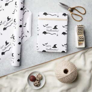 Papel De Regalo Sombrero De Bruja Y Escoba Con Araña Y Murciélagos