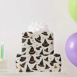 Papel De Regalo Sombreros de Bruja Negros y Dorados Estrellas Crem