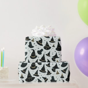 Papel De Regalo Sombreros de Bruja Negros y Dorados Estrellas Verd