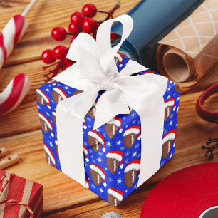 Papel De Regalo Sombreros de fútbol de Santa & Copos de nieve azul