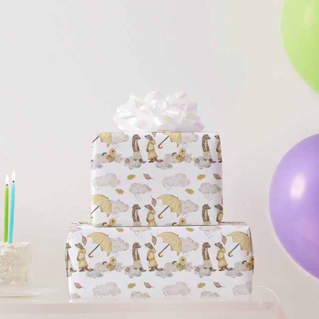 Papel De Regalo Sombrillas, nubes de lluvia, flores (Regalos de fiesta)