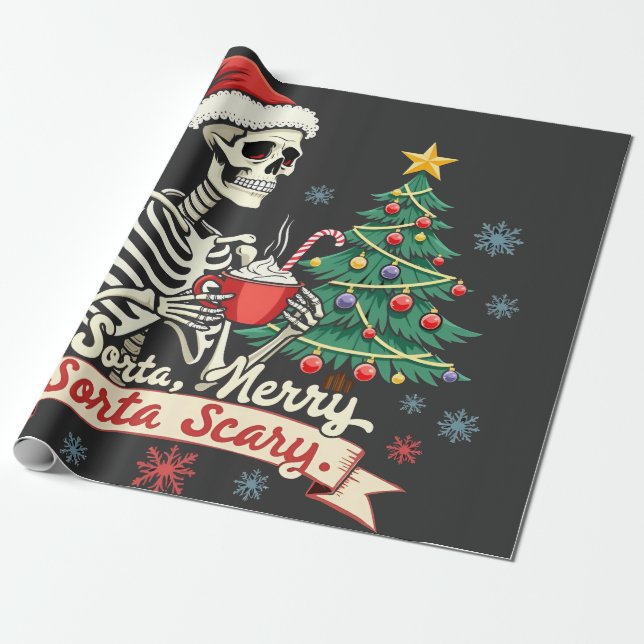 Papel De Regalo Sorta Merry Sorta Scary Spooky Skeleton Xmas (Desenrollado)