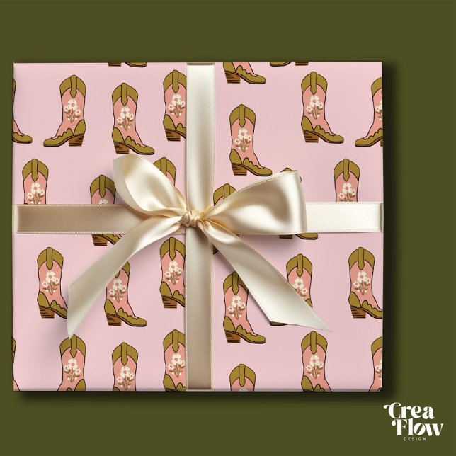 Papel De Regalo Southern Cowgirl botó Rubor Pink Birday (Wrapping paper with Southern girl boots and flower elements, on a Pale Pink backdrop. )