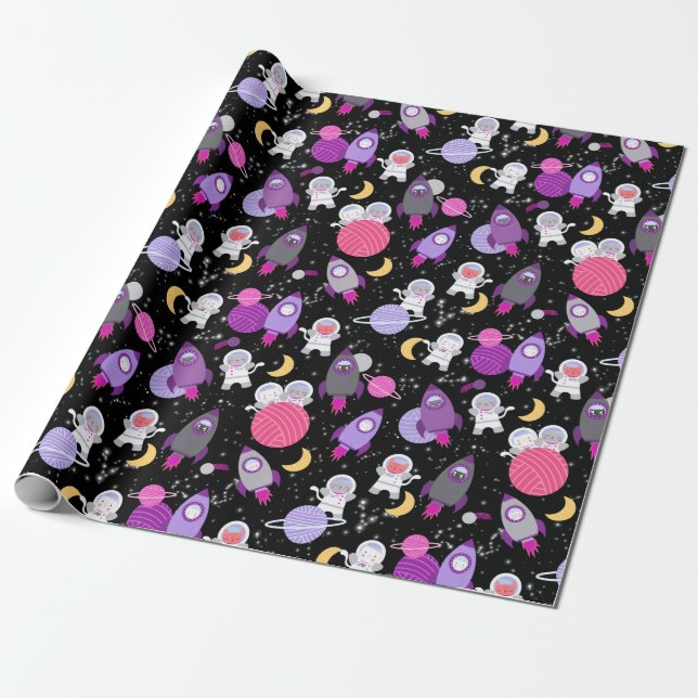 Papel De Regalo Space Kittens Cat Astronauta Chicas Purple Birthda (Desenrollado)