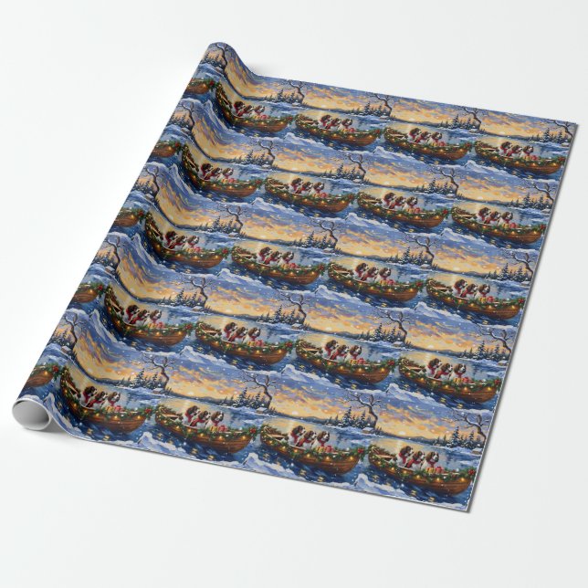 Papel De Regalo Spaniel de Springer Navidad Barco Fiesta (Desenrollado)
