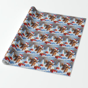 Papel De Regalo Spaniel Tibetano Corriendo en la Nieve con Sombrer
