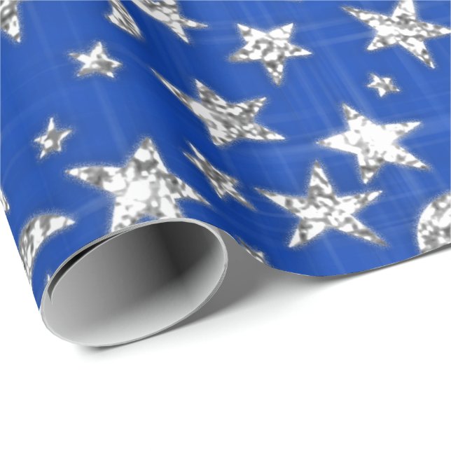 Papel De Regalo Spark Silver Gray Gray Stars Moon Blue Indigo (Esquina del rollo)