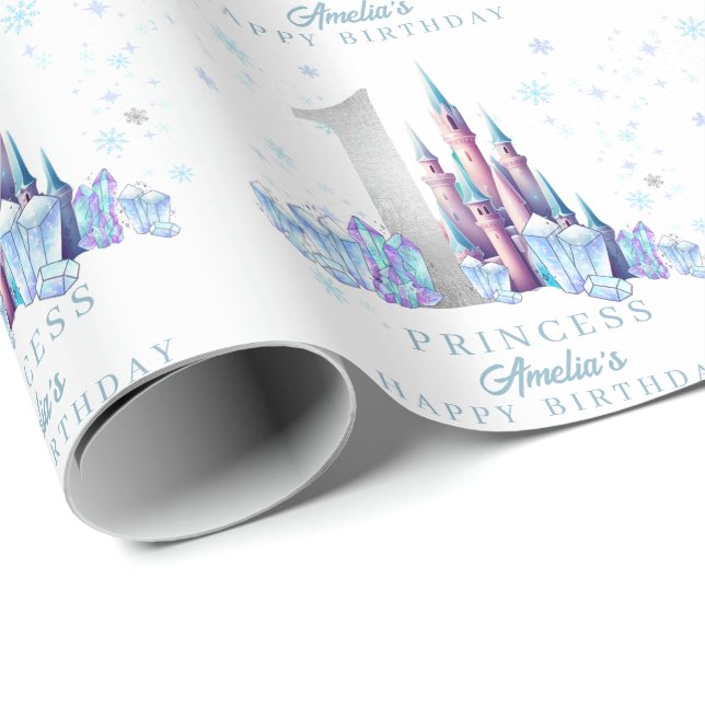 Papel De Regalo Sparkle Silver Frozen Kingdom Castle 1º cumpleaños (Esquina del rollo)