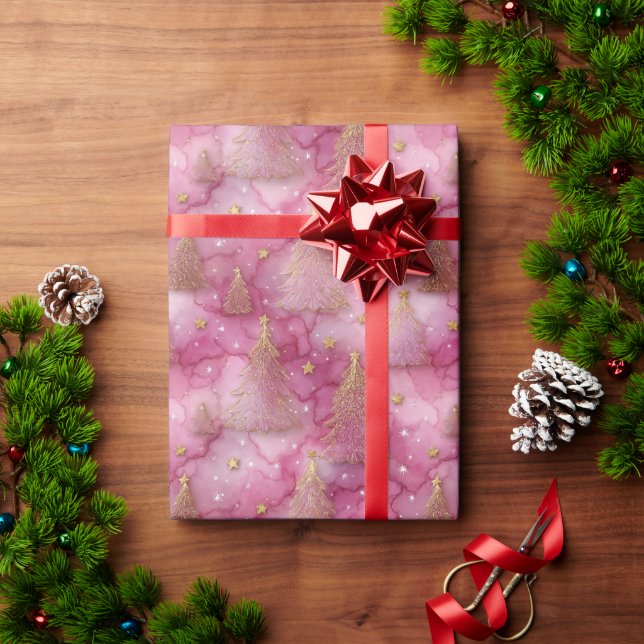 Papel De Regalo Sparkly Gold Holiday Tree on Pink (Regalo de vacaciones)