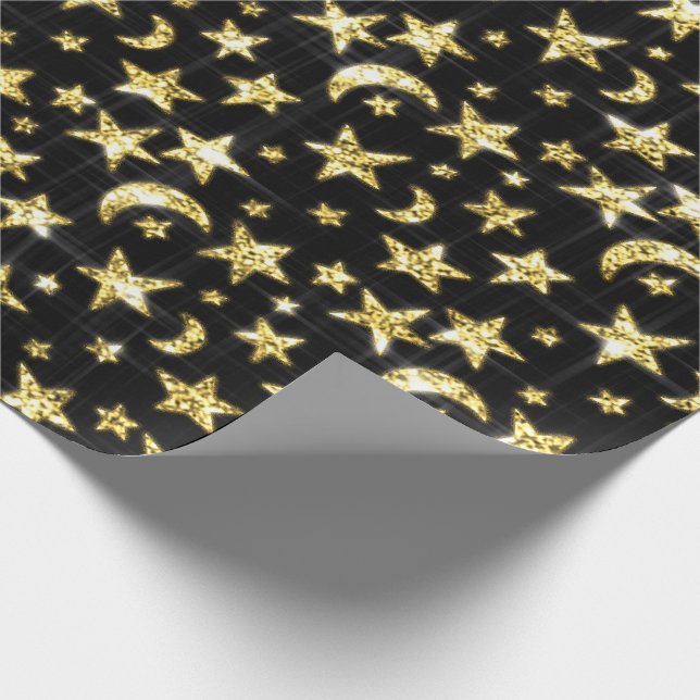 Papel De Regalo Sparkly Gold Stars Moon Black Sky (Esquina)