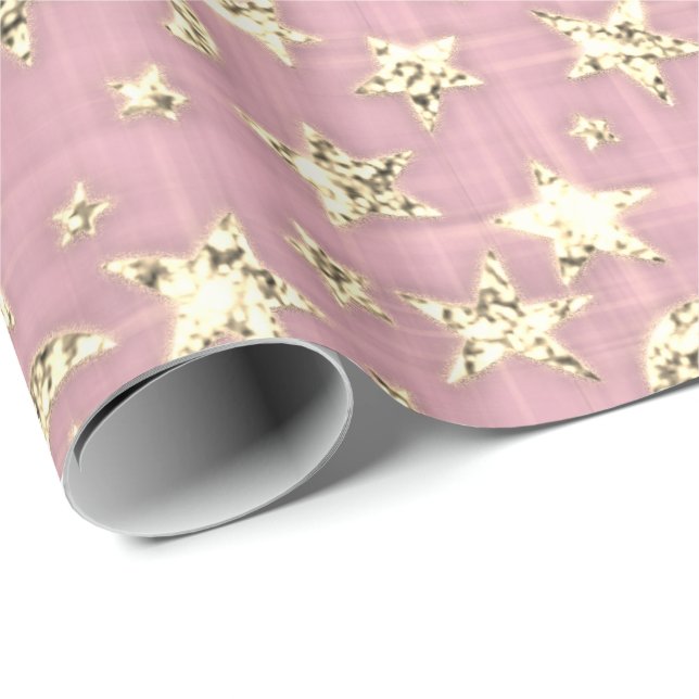 Papel De Regalo Sparkly Gold Stars Moon Pink Pastel Sky Black (Esquina del rollo)