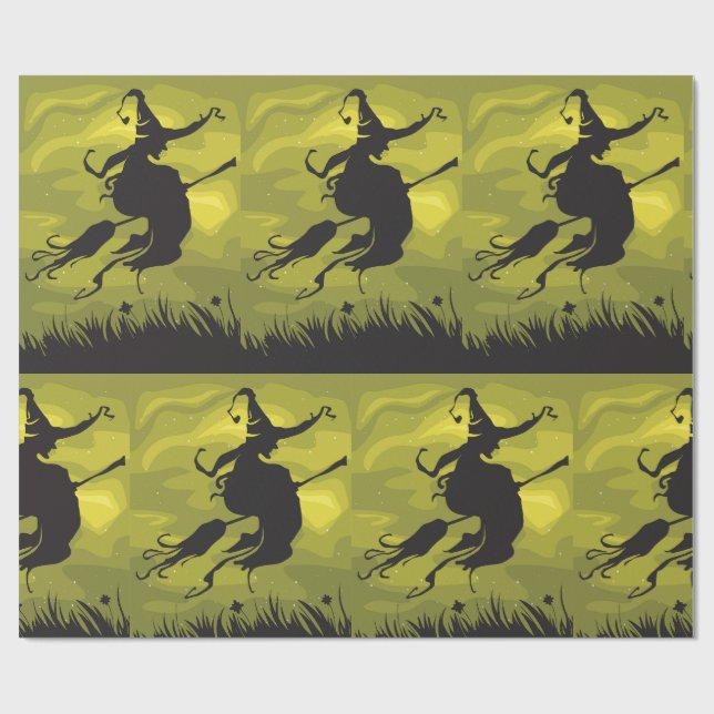 Papel De Regalo Spooky Halloween Witch Flying on Broomstick (Superficie plana)