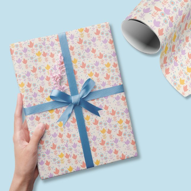 Papel De Regalo Spring Pastel Flowers Pink Purple Yellow Cream (Pastel floral wrapping paper is perfect for spring holidays like Easter and Mother's Day.)