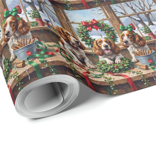 Papel De Regalo Springer Spaniel Christmas Wreath Making Holiday (Esquina del rollo)