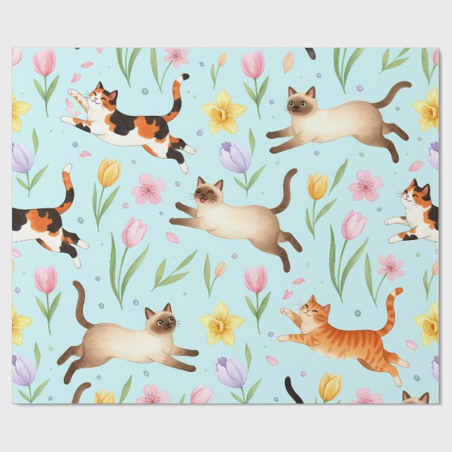 Papel De Regalo Springtime Cat Parade – Leaping Felines & Blossoms (Superficie plana)