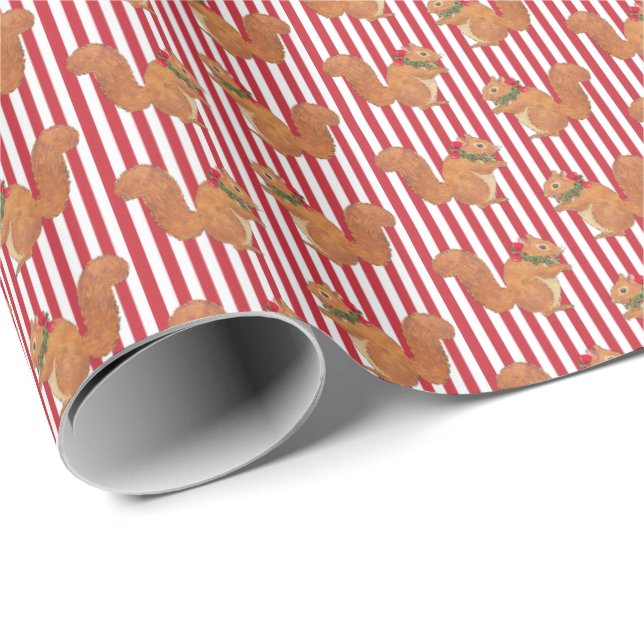 Papel De Regalo Squirrels and Holly Stripes Holiday  (Esquina del rollo)