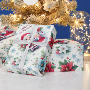 Papel De Regalo Sr. y Sra. Claus, Rudolph, Poinsettias y Holly