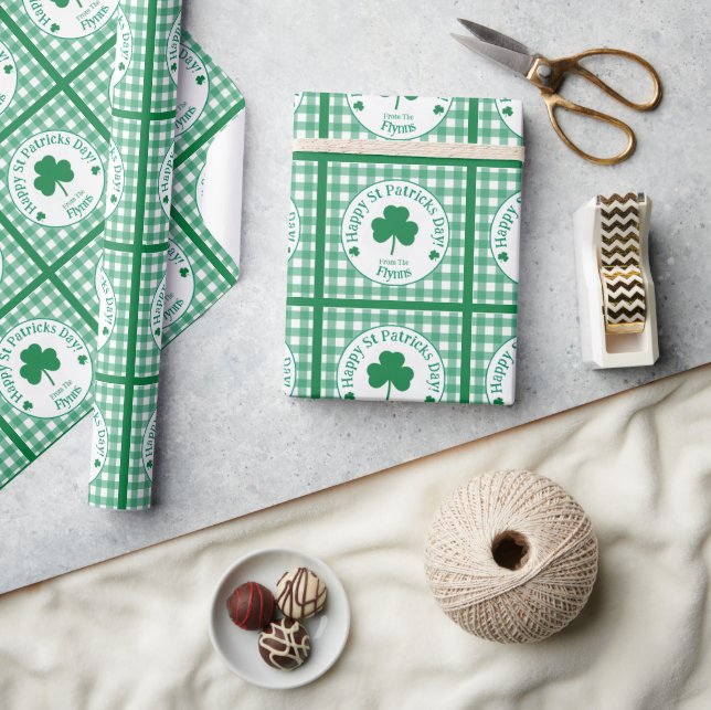 Papel De Regalo St Patricks Day NAME Irish Clover Green Check (Artesanía)